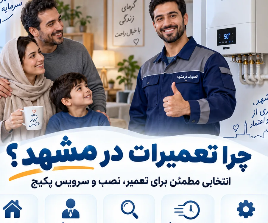 تصویر تبلیغاتی خانواده و تعمیرکار در کنار پکیج دیواری در منزل