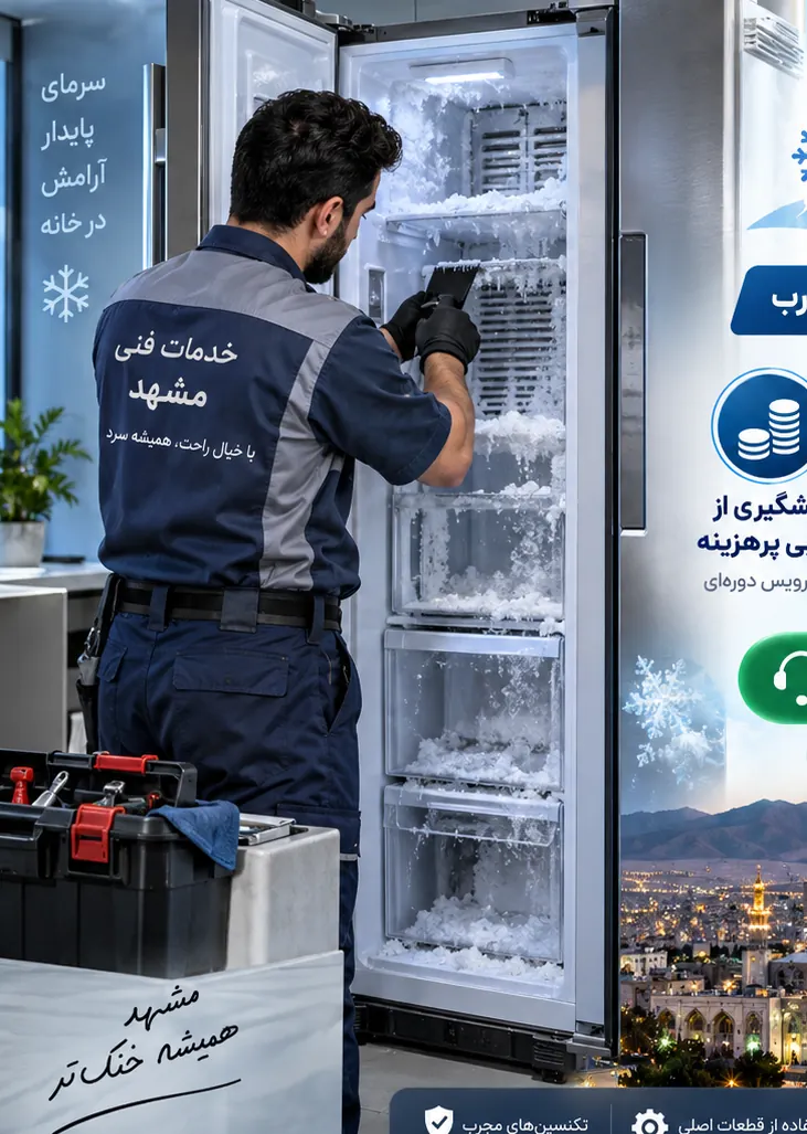 تصویر تکنسین در حال بررسی یخچال و سیستم برفک‌زدایی