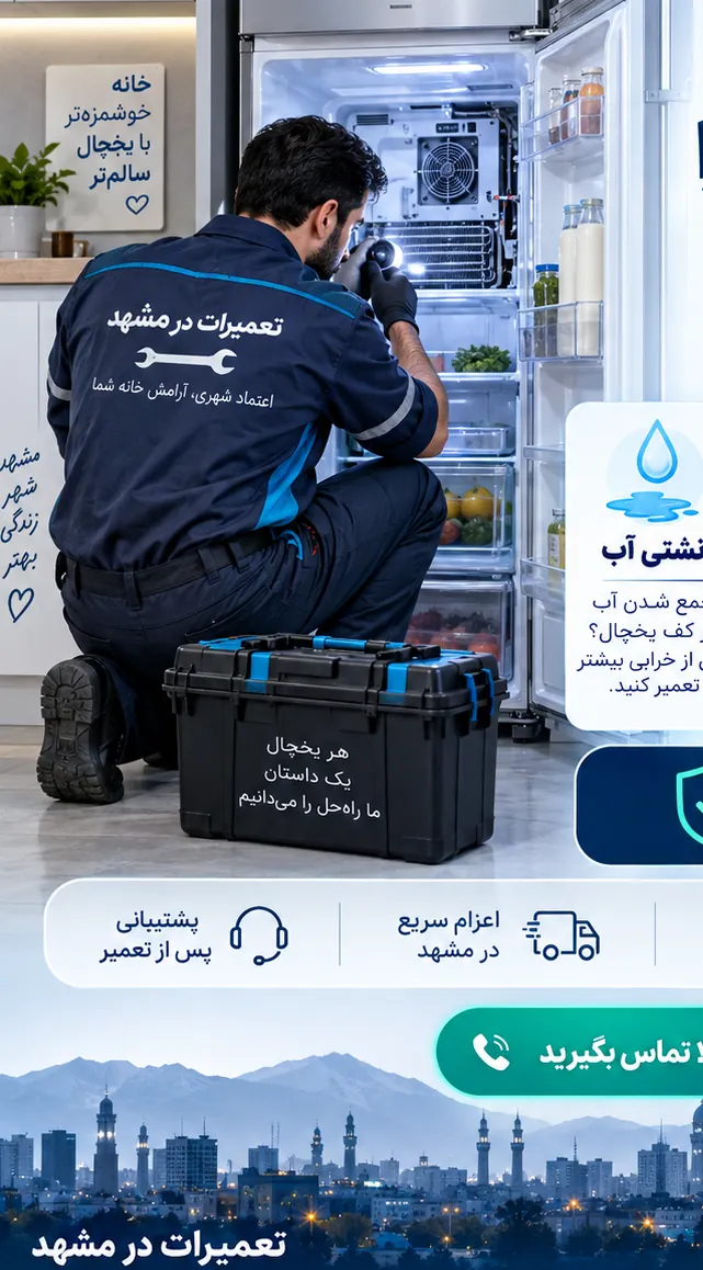 تکنسین مشغول بررسی یخچال برفک‌زده در یک تصویر تبلیغاتی
